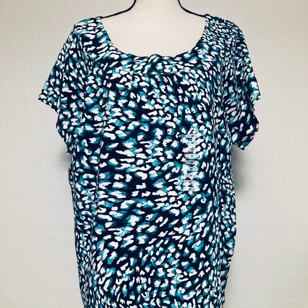 LIZ CLAIBORNE Size: 3X Black,White,&Bluegreen Leopard Print Short Sleeve Shirt